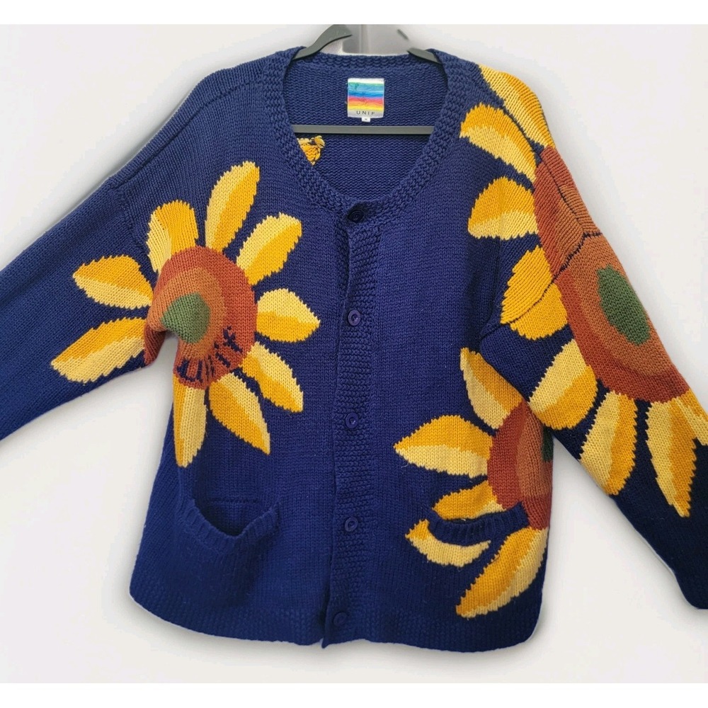 UNIF Vintage Sunflower Womens Med Knitted Petal Cardigan Oversized Navy Vibrant